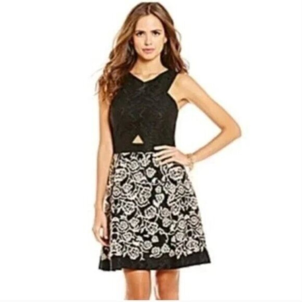 Gianni Bini Women’s Sz 4 Jasmine Black & Gold Embroidered Lace A-Line Mini Dress